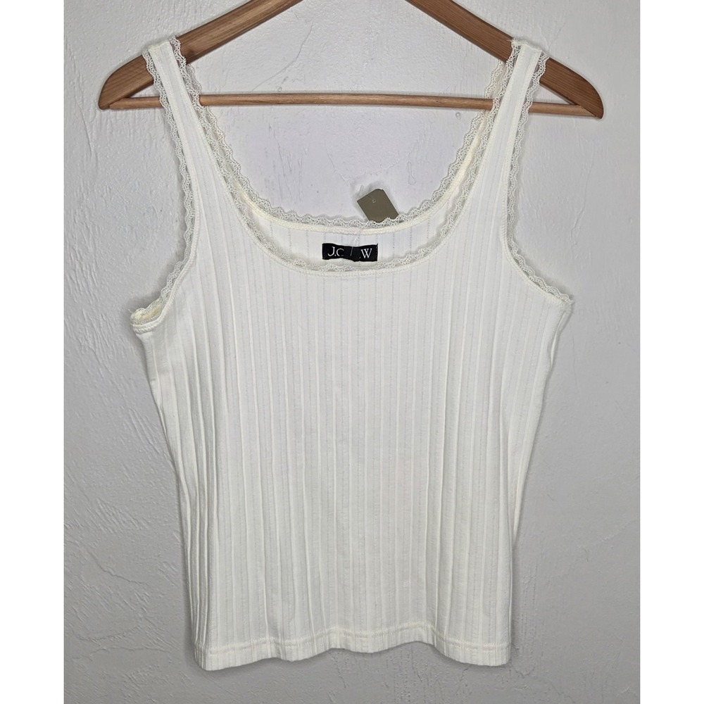 *NEW w/Tags J. CREW Pointelle Tank Top Ivory Lace Border Size Medium Ribbed